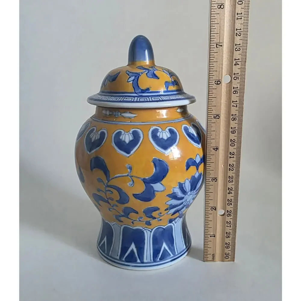 Blue Yellow Ginger Jar Canister with Lid Floral Heart Motif 7.5